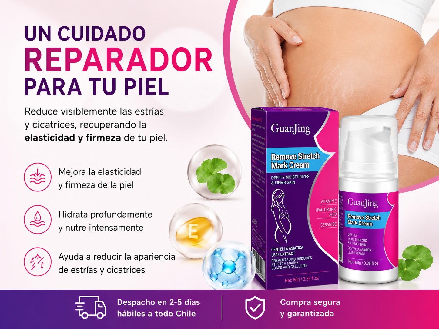 Un cuidado reparador para tu piel — GuanJing Crema Anti Estrías, con centella asiática, vitamina E y ácido hialurónico