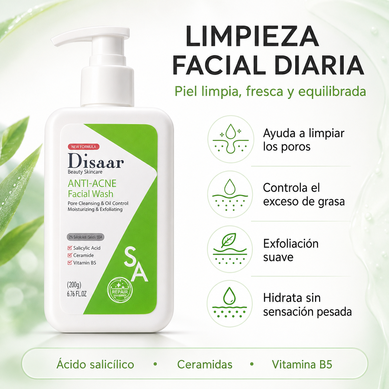 Disaar Jabón Anti-Acné - limpieza facial diaria, piel limpia fresca y equilibrada