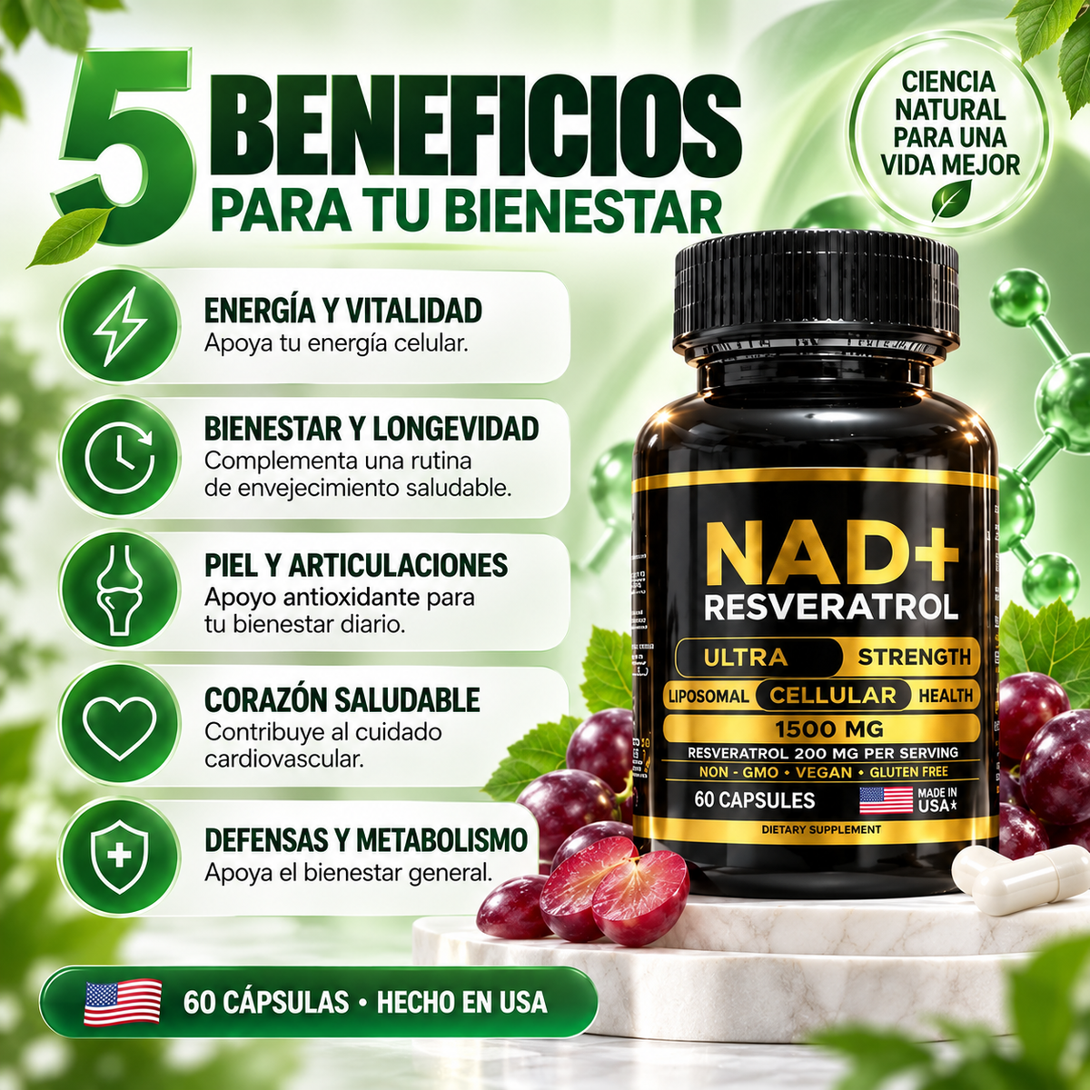 NAD+ Resveratrol Americano 60 Cápsulas