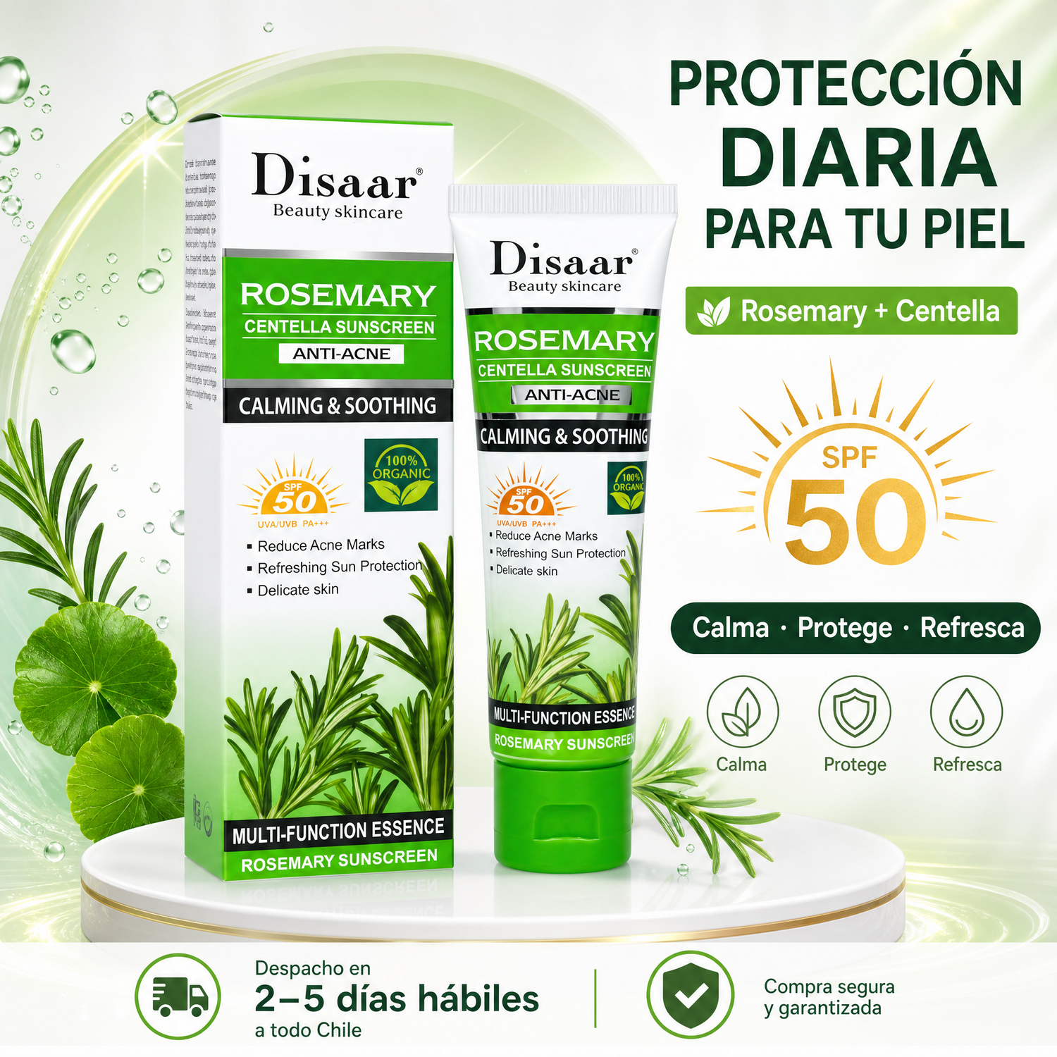 Disaar Rosemary Centella Sunscreen Anti-Acné SPF 50 – protección diaria para tu piel