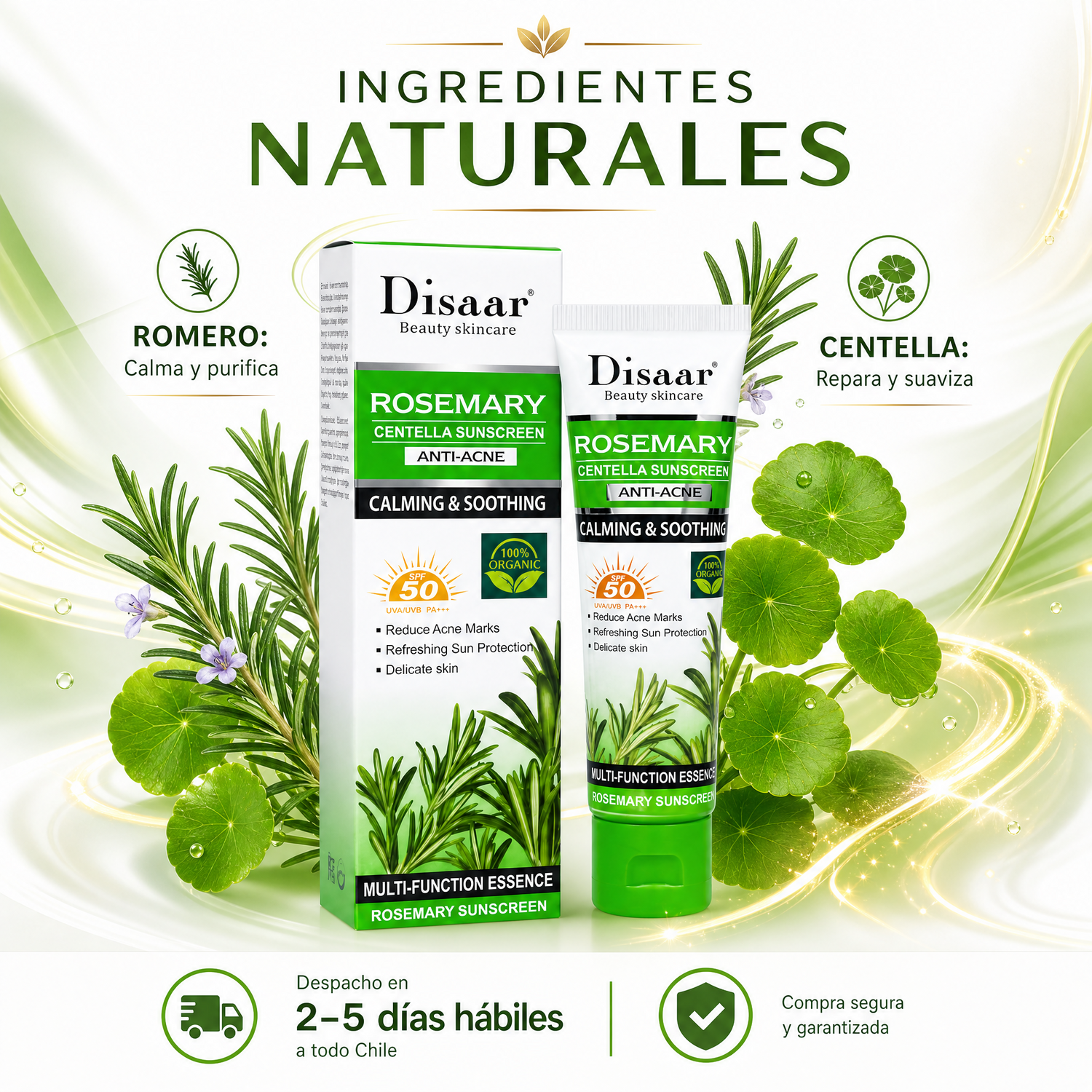 Ingredientes naturales Disaar: romero calma y purifica, centella repara y suaviza