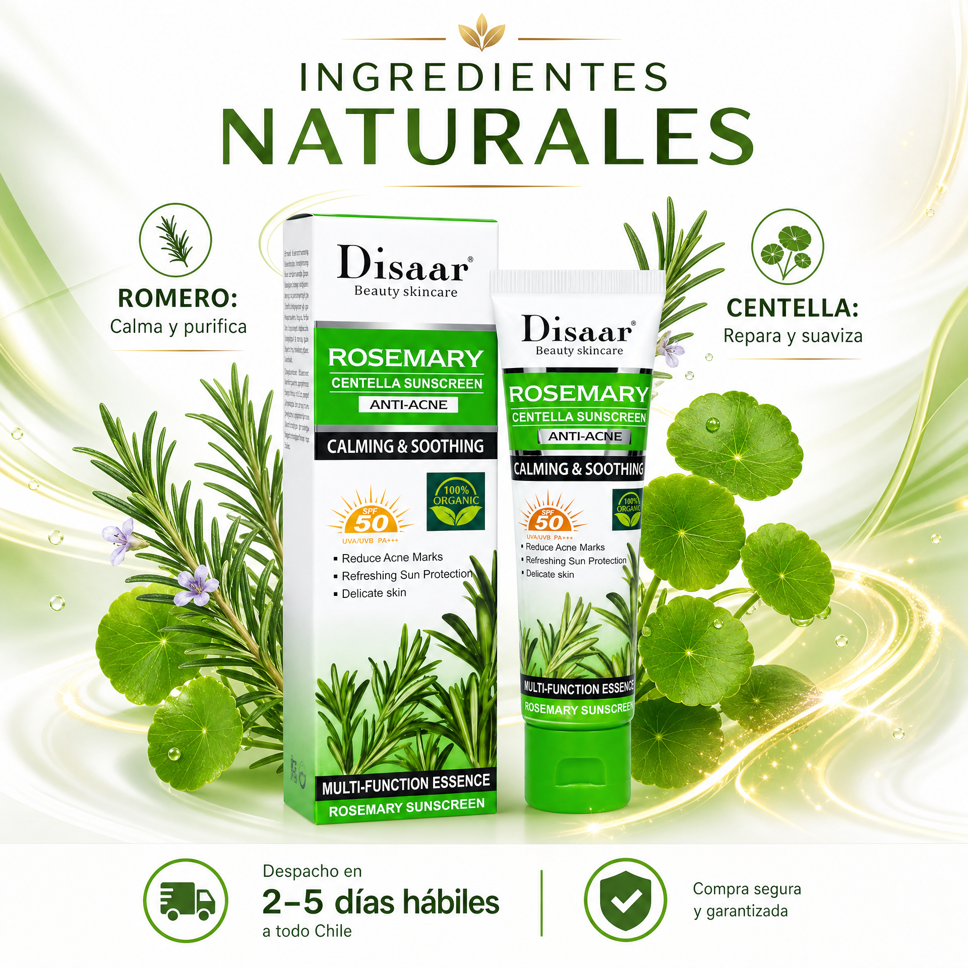Ingredientes naturales Disaar: romero calma y purifica, centella repara y suaviza