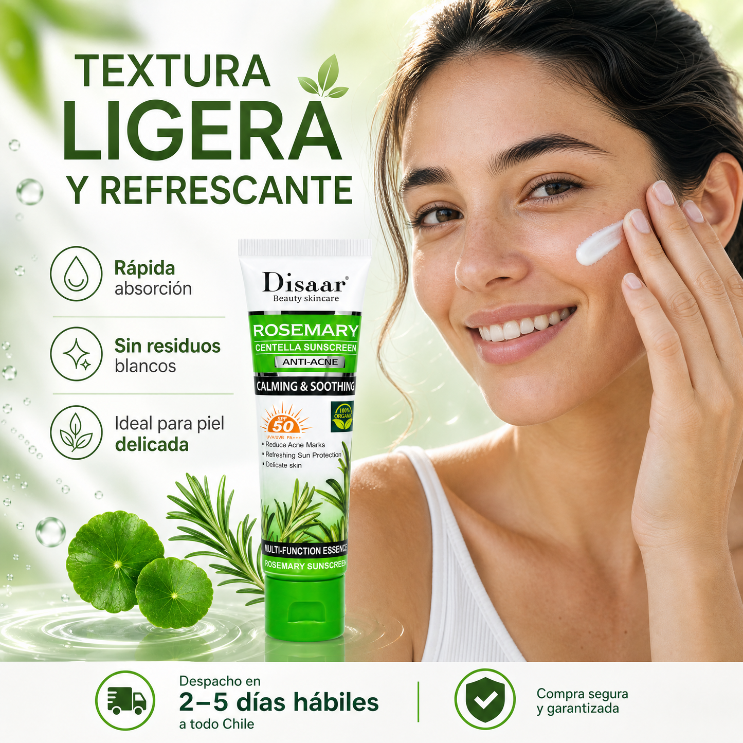 Aplicación del Bloqueador Facial Disaar Rosemary Centella SPF 50 – textura ligera