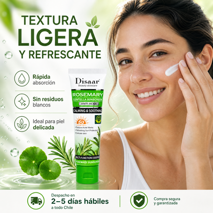 Aplicación del Bloqueador Facial Disaar Rosemary Centella SPF 50 – textura ligera
