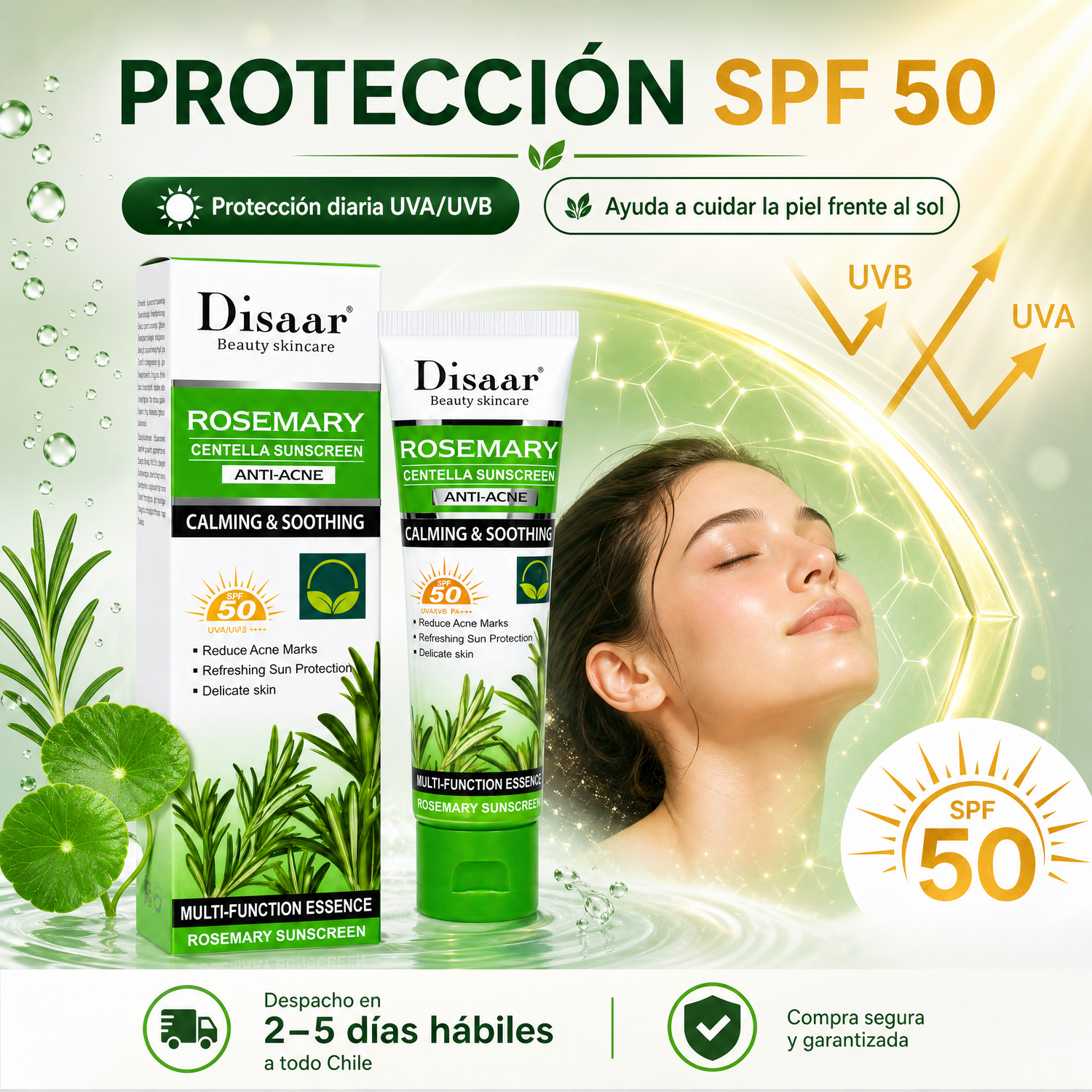Protección SPF 50 UVA/UVB – Bloqueador Facial Disaar Anti-Acné