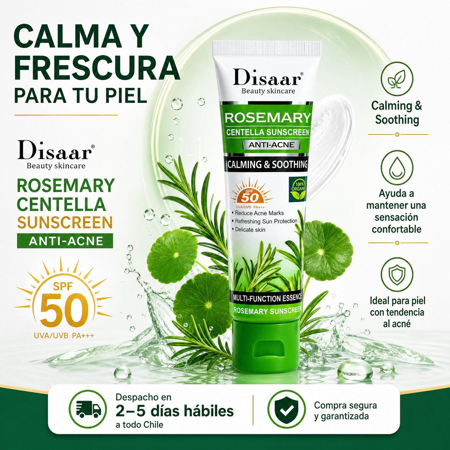 Bloqueador Facial Disaar Rosemary Centella – calma y frescura para piel con tendencia al acné