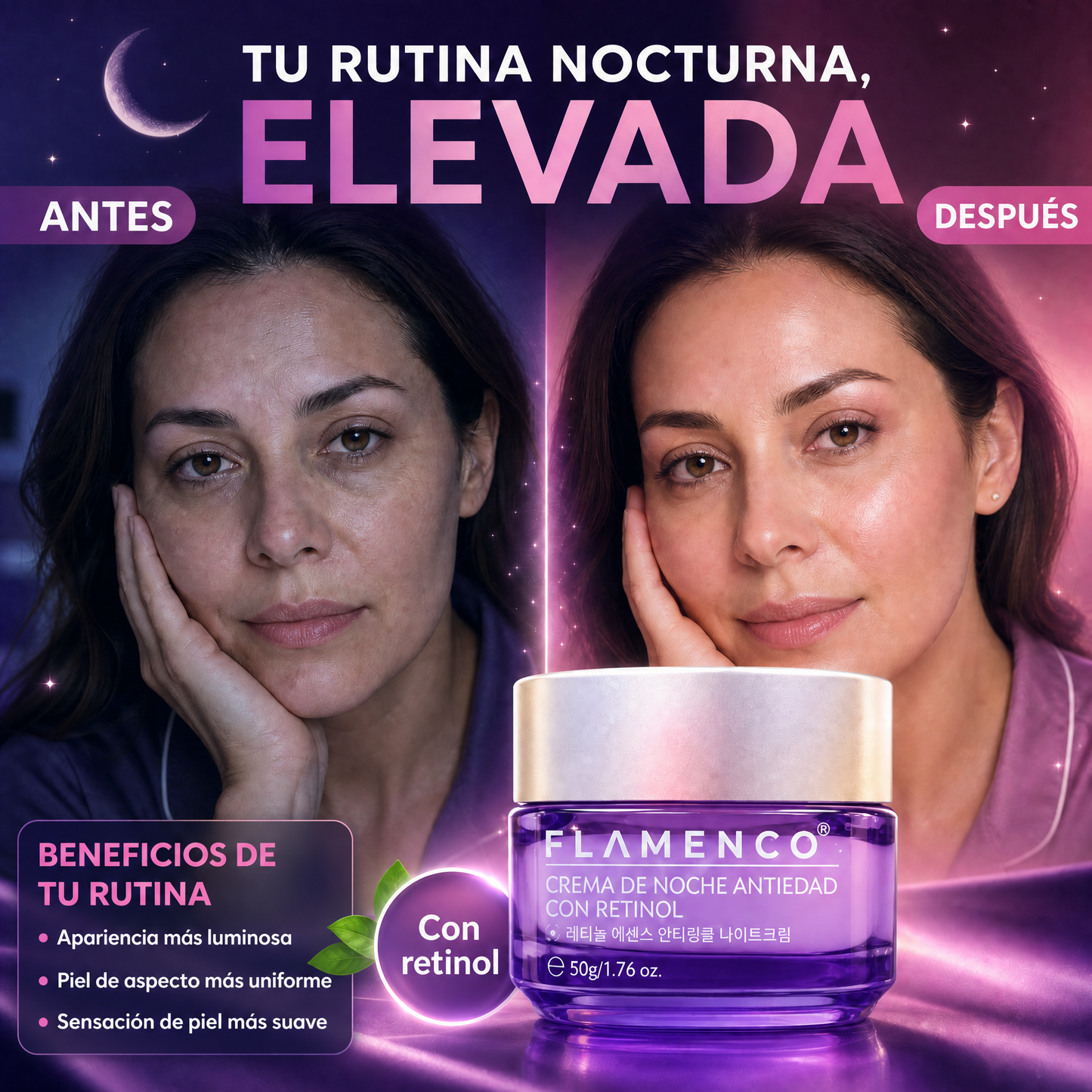 Antes y después con Flamenco Crema de Noche con Retinol